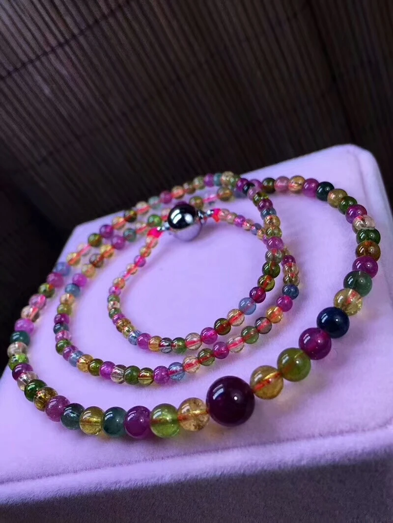 

Drop Shipping Genuine Natural Colorful Tourmaline Quartz 4-9mm Crystal Necklace Clear Round Beads Stretch Necklace Woman Aaaaa
