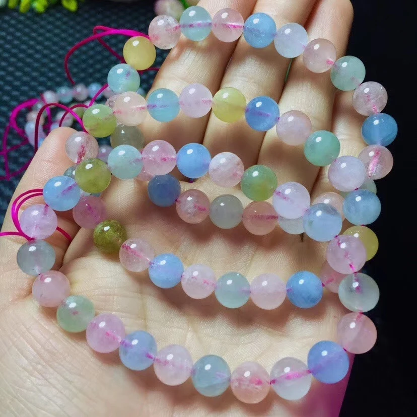 

8mm 9mm Genuine Natural Colorful Morganite Clear Round Beads Fashion Bracelet Crystal Woman Love Stone Gemstone Bracelets Aaaaa