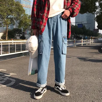 

2019 Spring And Summer The New Listing Hot Korean Casual Men's Quality Fashion Hip Hop Tooling Jeans Pure Cotton Large Size Best