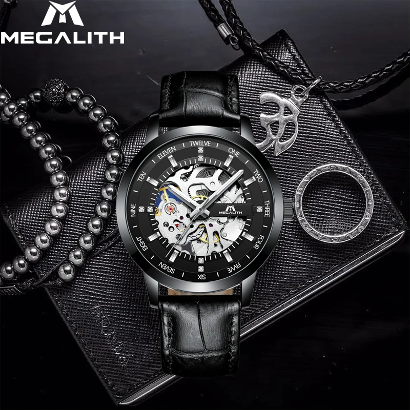 

MEGALITH Fashion Men Watch Top Brand Luxury Skeleton Automatic Watches For Mens Waterproof Leather Strap Mechanical WristWatch