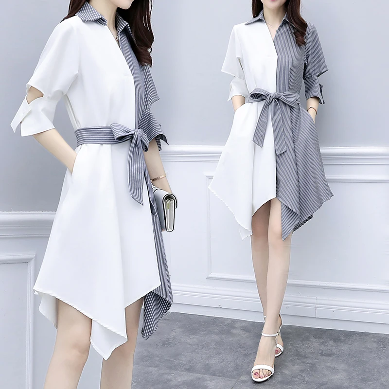 2019 summer plus fat large size women  fashion simple color matching stripe thin lapel irregular stitching temperament female