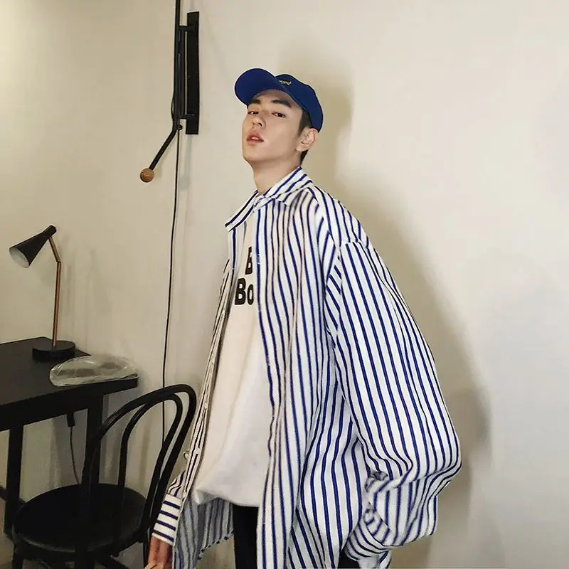 

2019 Spring And Summer New Men's Korean Version Of The Couple Casual Loose Striped Long-sleeved Shirt Cotton M-2XL Size Discount