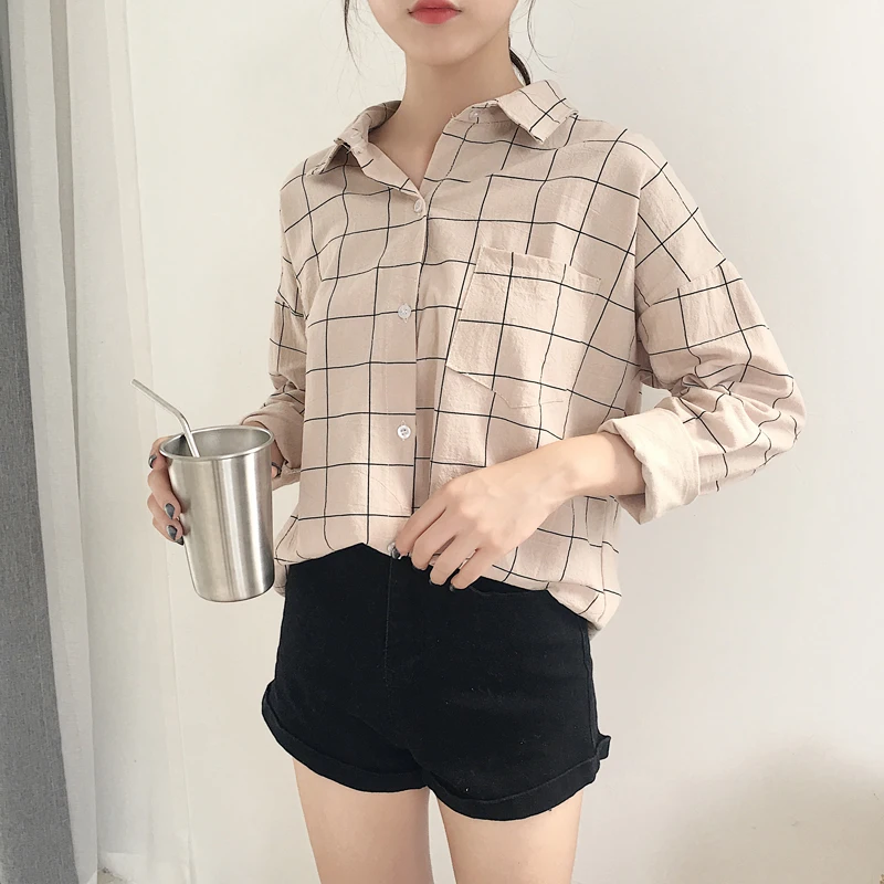 

Real shot price Korean version of the plaid shirt female sweet loose long-sleeved casual shirt