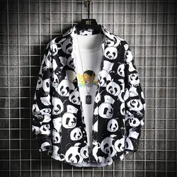 2019 весна и новые летние Корейская версия хип-хоп хлопок пара Harajuku Свободные гигантская панда печати рубашку с длинными рукавами M-3XL
