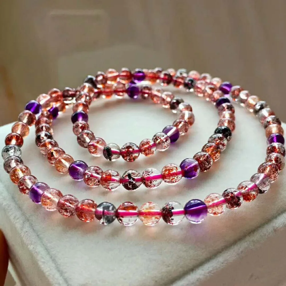 

Genuine Natural Colorful Rutilated Quartz Super Seven Melody Stone Clear Round Crystal Bead Three Laps Bracelet 5.4mm For Women