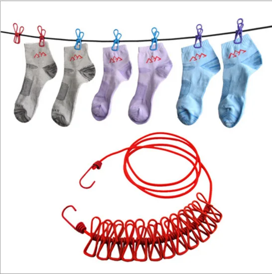 

Outdoor Travel Clothesline Hot Hanger New 12 Clips Stretch Rope With Portable Windproof