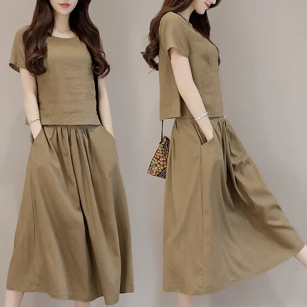 

Women's 2Pcs O Neck Short Sleeve Solid Color Top Midi Aline Skirt Suits