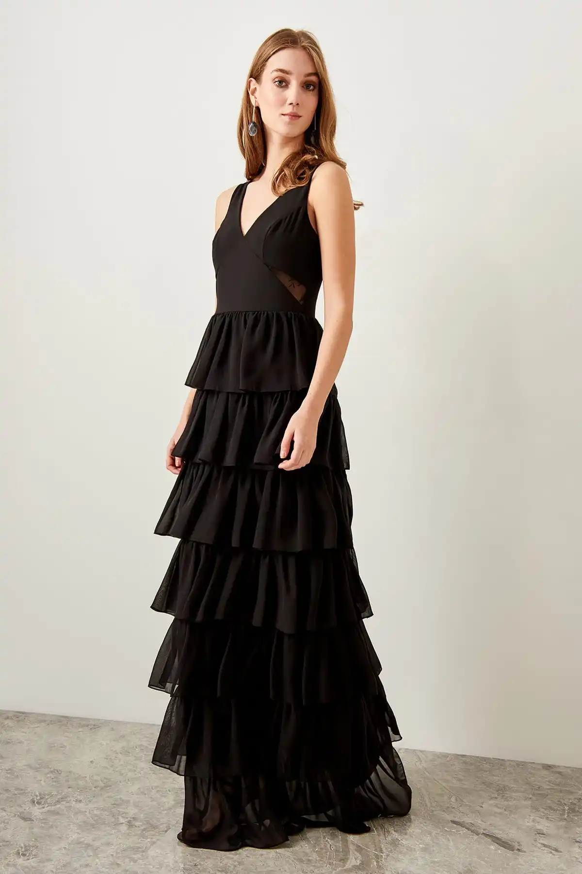 Trendyol черный Раффлед вечернее платье TPRSS19BK0026|Вечерние платья| |