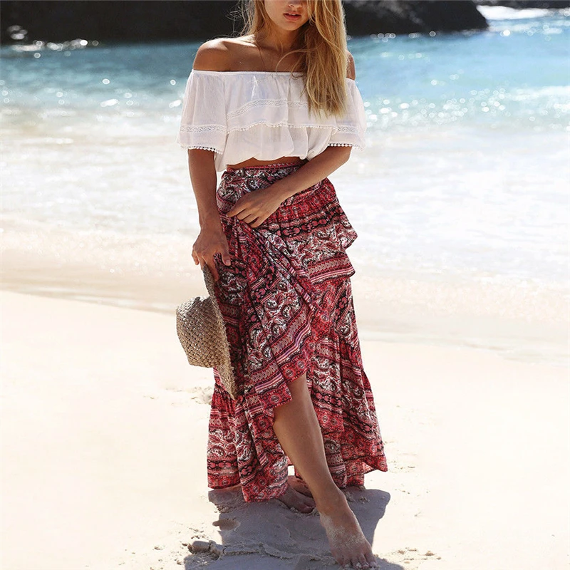 

Womens Floral Print Bohemia Magic Maxi Skirt Boho Hippie 2017 Summer Beach Asymmetrical Wrap Long Skirt Straps New