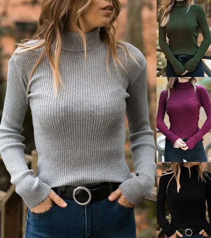 

Turtleneck Long Sleeve Slim Sweater Women Casual Ribbed Wild Knit Tops Ladie Fashion Simple Pullover Sweater High Street Winter