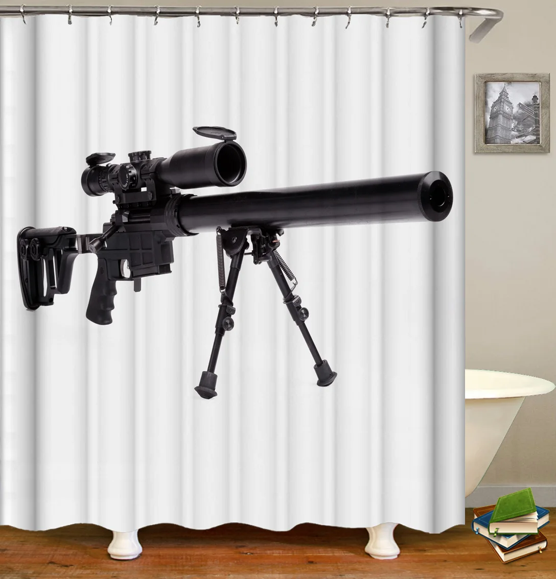 

Shower Curtain Set with Hooks Weapon Gun Sniper Rifle Bathroom Decor Mildew Resistant Polyester Fabric Shower Curtain