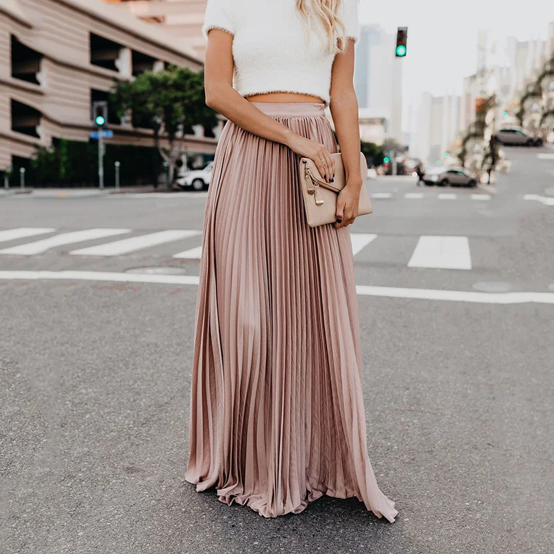 Holiday Style Pleated Women Skirts Ladies Solid Color Elastic High Waist Skirt Autumn Spring Casual Long Maxi Skirt Falda Larga