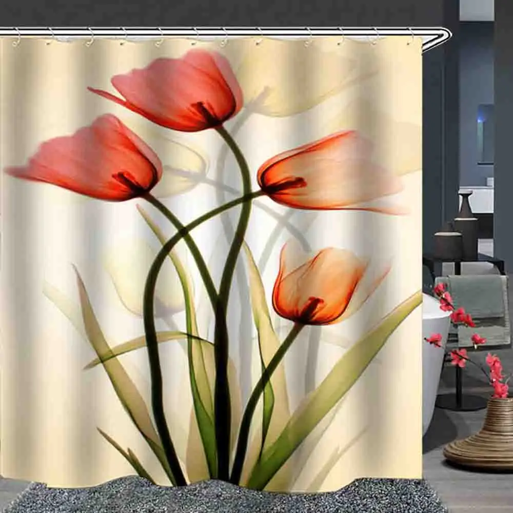 

Shower Curtain Set with Hooks Orange Red Tulip Transparent Flowers Plant Bathroom Decor Mildew Resistant Fabric Shower Curtain