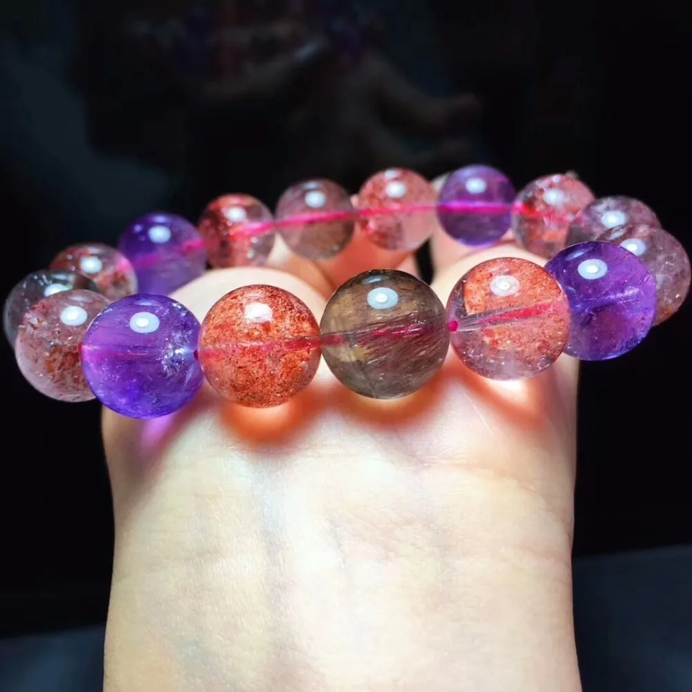 

13.3mm Natural Super 7 Seven Rutilated Melody Stone Lepidocrocite Quartz Man Stretch Beads Bracelet Gift Certificate Aaaaaa