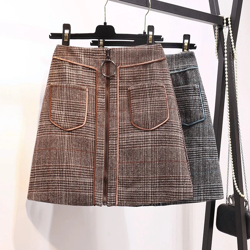 

2019 Sale Skirts Midi Skirt Skirt Pockets Zipper A-line Plaid England Style Empire Waist Above Knee Mini Length Autumn Winter