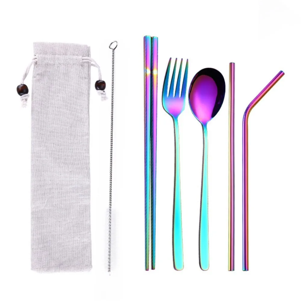 

High End Stainless Steel Colorful Cutlery Set Rainbow Plated Dinnerware Creative Dinner Set Reusable Fork Knife Chopsticks Pouch