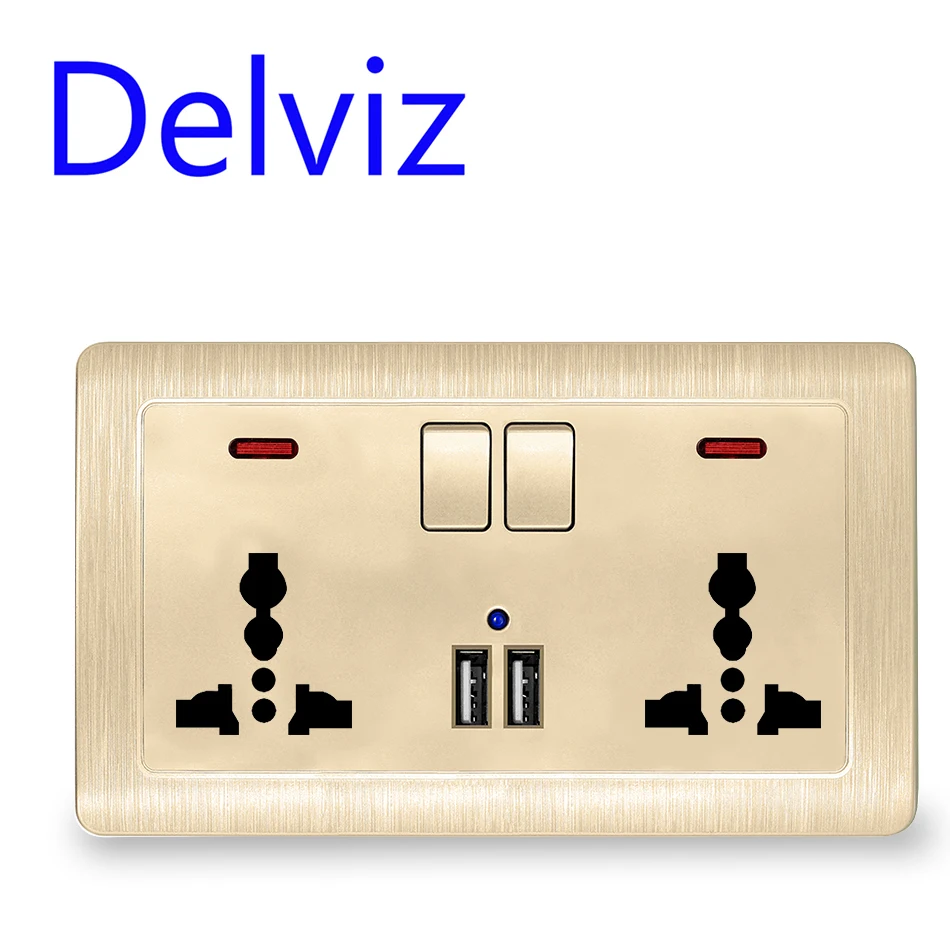 Delviz Wall 13A Power Socket +USB global Universal 3 Hole UK Standard Switched Outlet, 2.1A Dual USB Charger Port on-off control
