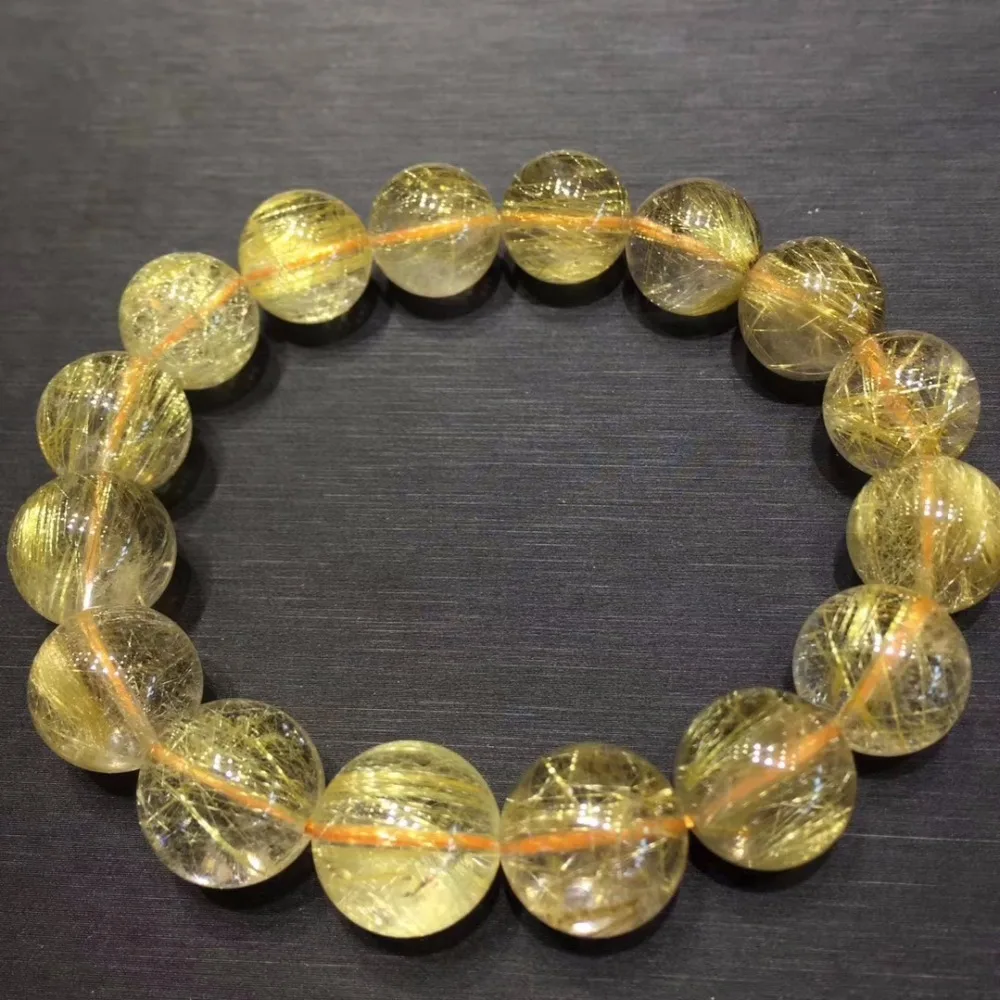 

13mm Top Quality Natural Gold Rutilated Titanium Quartz Round Beads Bracelet Brazil Women Stretch Crystal Certificate Aaaaaa