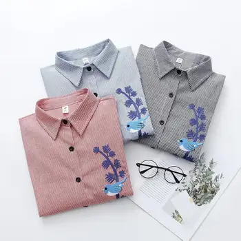 

Women Fashion Blouse Shirts New 2019 Spring Cotton Striped Floral Tops Shirts Casual Office Shirts Blusas