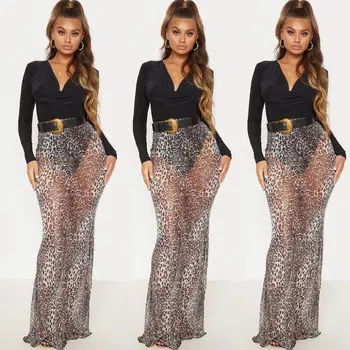 

Fashion Women Sexy Cool Leopard See-through Maxi Trendy Female Skirt High Waist Slim Long Lightweight Regular Skirt For Girls