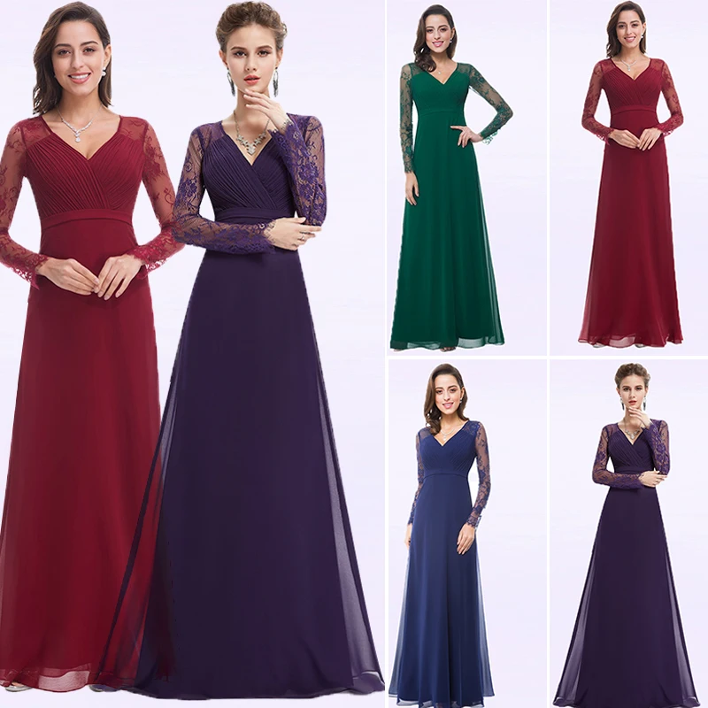 Purple Womens Dresses New Arrival 2018 Chiffon A-line Lace Long Sleeve Autumn Winter Plus Size Formal Party Long Dress Vestido
