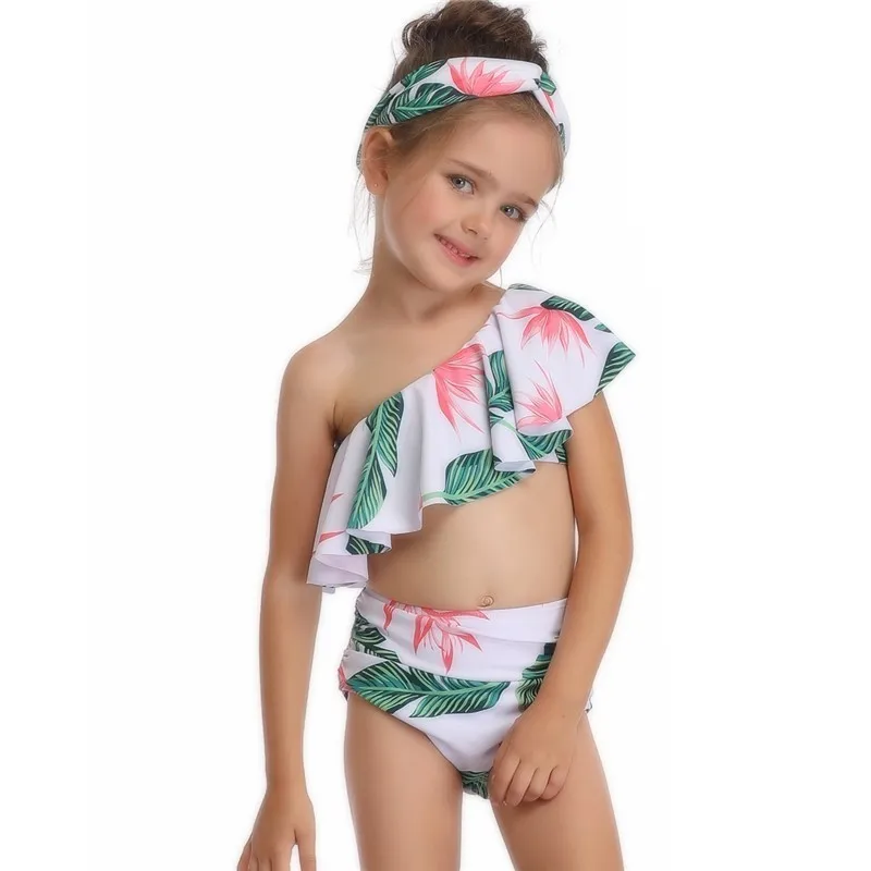 

Bikini Set Outfits Green Ruffles Swimsuit Girls Two Pieces Swimwear Kids One Shoulder Children Print Bandage Bathing Suit