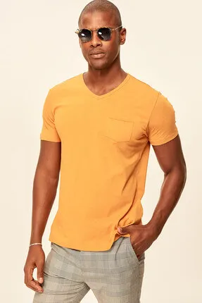 

Mustard Presser Men's T-Shirt - Slim Fit Short Sleeve V Neck Pocket Detail TMNSS19BO0003