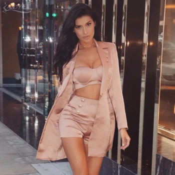 

Adyce 2019 New Pink 3 Pieces Sets Women Crop Tops&shorts Pants &coats 3 Three Pieces Set Celebrity Party Women Set Clubwears
