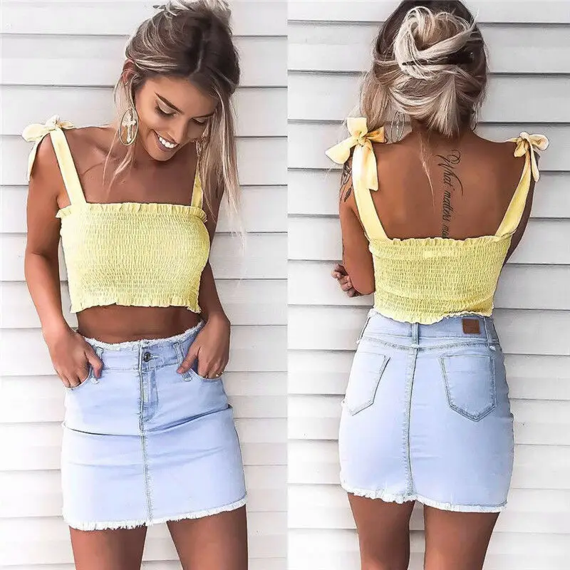 New women's summer lace up short solid Halter tops top sleeveless casual T-shirt | Женская одежда
