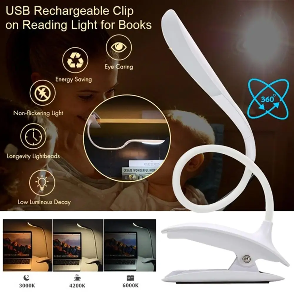 

5V USB Rechargeable desk lamp with Clip Adjustable Intensity table lamp Touch Switch for reading bedside children night light