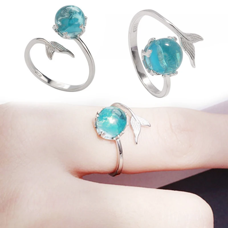 

Hot Blue Mermaid Bubble Open Rings For Women Silver color Crystal Rings Beautiful Female Wedding Gifts