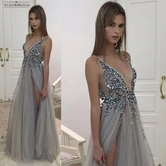 

Silver Beaded Prom Dresses Long 2019 Deep V Neck Evening Gowns Gala Jurken Side Split Robe De Bal Longue Party Dress