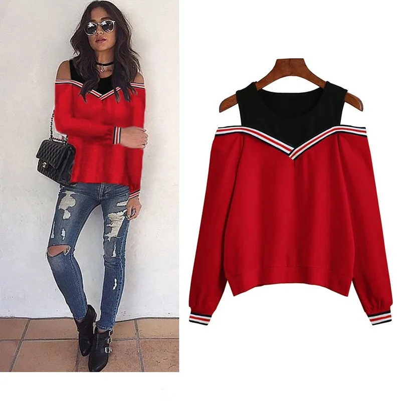  Female Jumper Sweatshirt 2018 Off Shoulder Patchwork Hoodies Top Autumn Winter Crew Neck Pullovers 