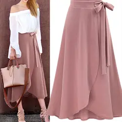 Шифон розовый рюшами для женщин Длинная юбка высокая талия бабочкой разделение нерегулярные юбки женские, макси сезон: весна-лето офисная