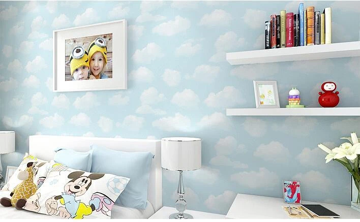 青空と白雲不織布壁紙 漫画少年の寝室の 青緑の壁紙 雲 雲素敵な 壁紙 Aliexpress