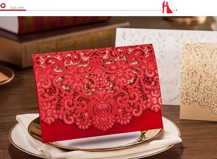 50 шт. свадебные принадлежности в деревенском стиле Китай красный белый винтажный роскошный элегантный золотой лазерная резка свадебные пригласительные открытки на заказ
