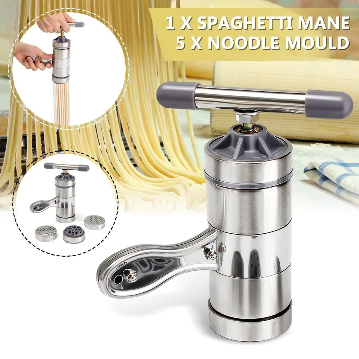 

Stainless Steel Manual Of Machine Of Machine Of Spaghetti Pasta Noodles Machine, Press Machine Pressed Home With 5 Pressing Mold