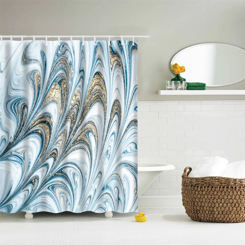 

Shower Curtain Set with Hooks Marble Pattern Blue Oil Flow Peacock Feather Bathroom Decor Mildew Resistant Fabric Shower Curtain