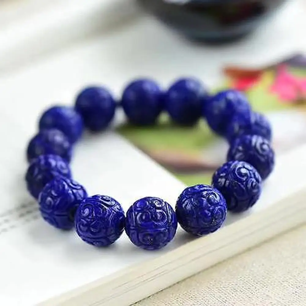 

100% Natural 14mm Lapis Bracelet Lazuli Royal Blue Gemstone Bracelets Crystal Stretch Craved Round Beads Aaaaa Drop Shipping