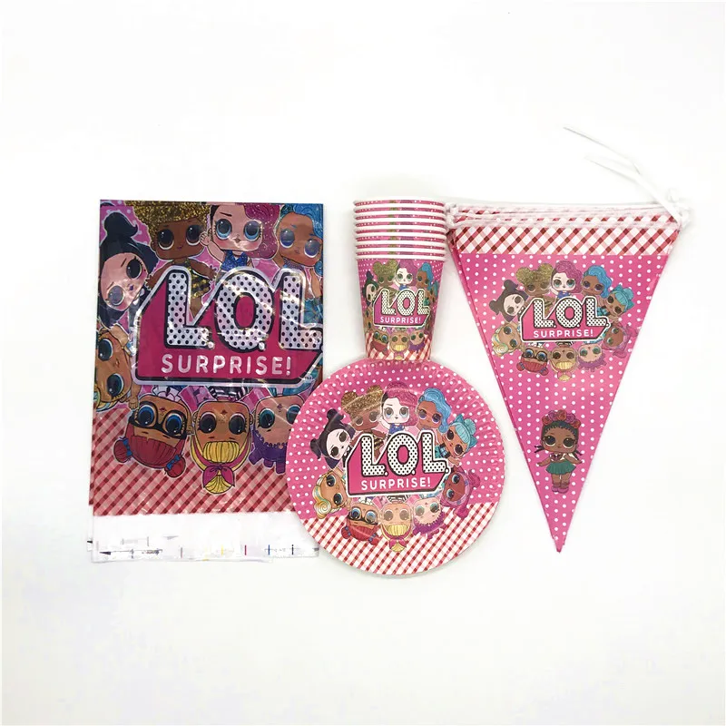 

New Sale Surprise Doll Theme 31Pcs/Lot Friend Girl Birthday Party Cup Plate Flag Tablecloth Wedding Festival Paper Banner Supply