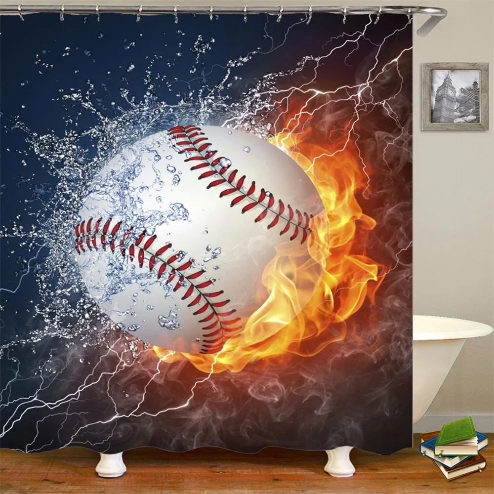 Shower Curtain Set With Hooks Baseball Fire Sports Bathroom Decor