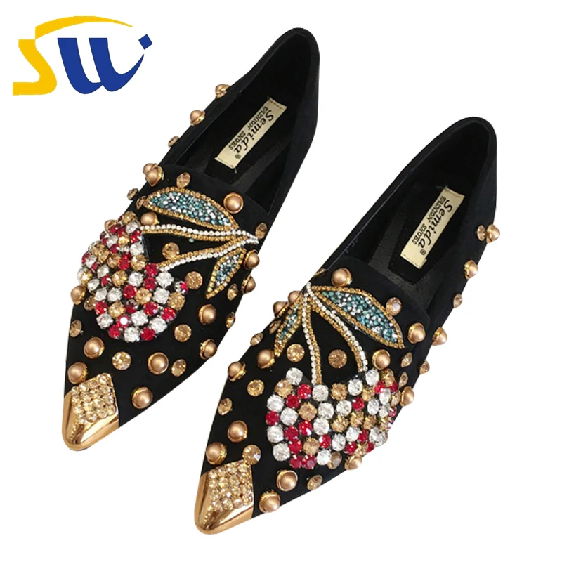 

SWONCO Woman Flats Loafers Shoes 2019 New Rhinestone Loafers Casual Shoes For Woman Pointed Toe Flats