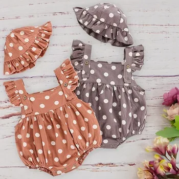 

High Quality Cotton Baby Girl Clothing Hat Set Summer Polka Dot Ruffle Sleeveless Rompers For Newborn Toddler Kids Body Jumpsuit