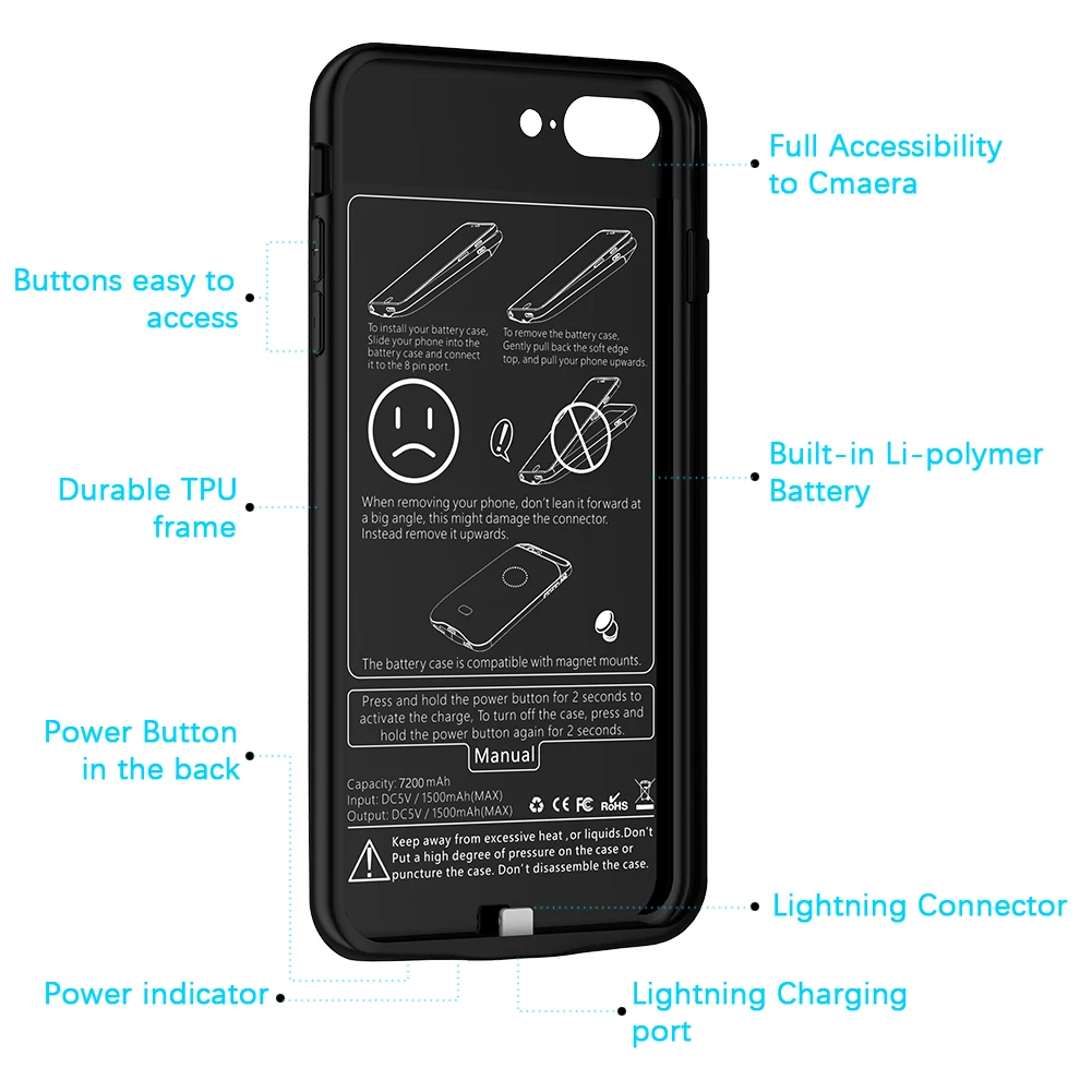 For iPhone 7 Plus 8 Plus Battery Charger Case 7200mAh External Backup Charger Power Bank Charging Case 7plus 8 plus Power Case