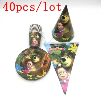 

40Pcs /Lot Masha and Bear Theme Cartoon Birthday Party Decoration Supplies Disposable Tableware Paper Plates+Cups+Flags+Caps Set