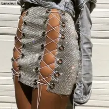 Пикантные блестящие Кристалл щелевая Крест юбка на завязку Лето Сияющий алмаз юбки из металла Клубная одежда Очаровательная Вечерние юбка