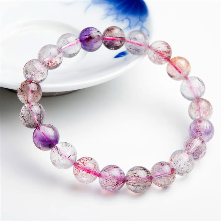 

Natural Melody Stone Super Seven Purple Rutilated Quartz Crystal Clear Transparent Round Beads Stretch Charm Bracelet Femme 10mm
