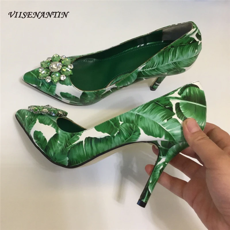 VIISENANTIN 2019 new green leaf printing high heel shoes 6cm 10cm heel shallow mouth pointed toe sapatos crystal summer shoe VIISENANTIN 2019 new green leaf printing high heel shoes 6cm 10cm heel shallow mouth pointed toe sapatos crystal summer shoe
