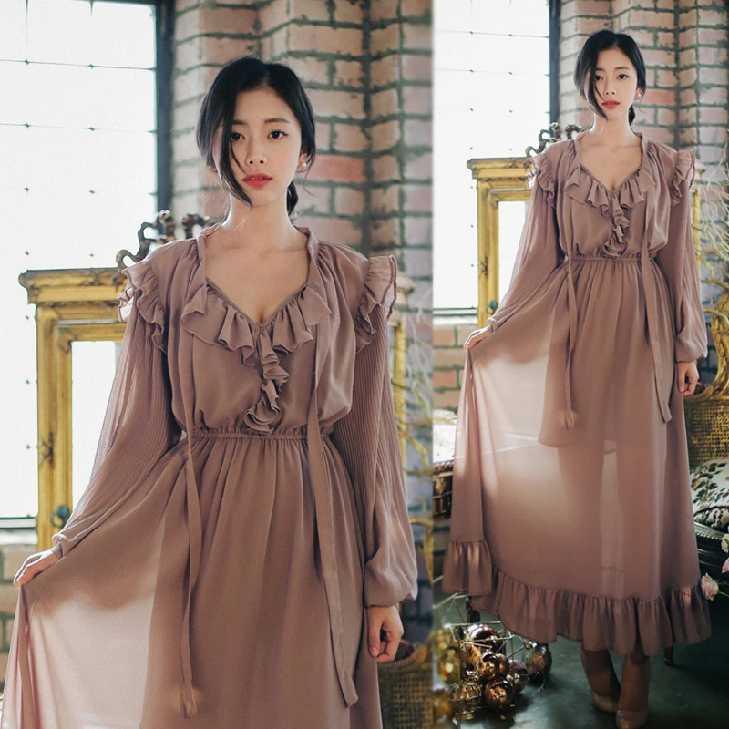 

Qiu dong han edition of the new temperament falbala pleated lantern long sleeve accept waist show thin render chiffon dress dres