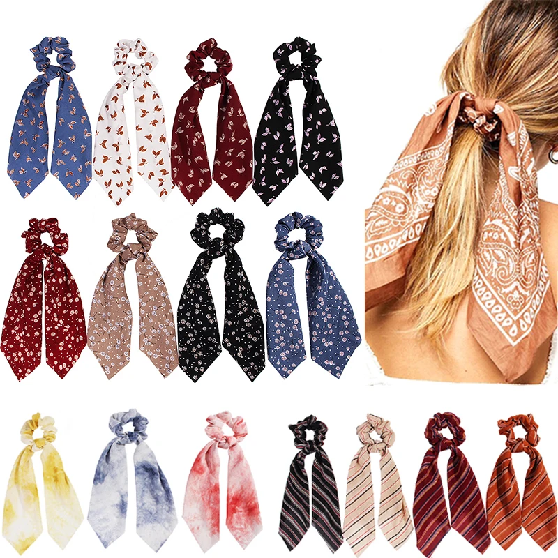 

Hot Floral Print Scrunchie Women Hair Scarf Elastic Bohemian Hairband Bow Hair Rubber Ropes Girls Hair Ties Accessories